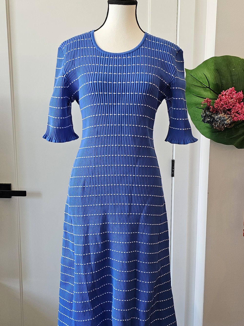Victoria Beckham Royal Blue Knit Midi Dress with White Dot Detail (NEW)